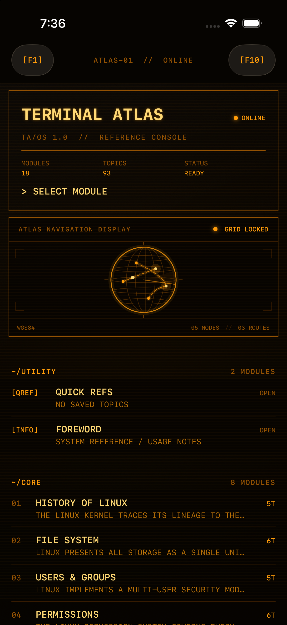 Terminal Atlas iPhone home screen in Phosphor Amber